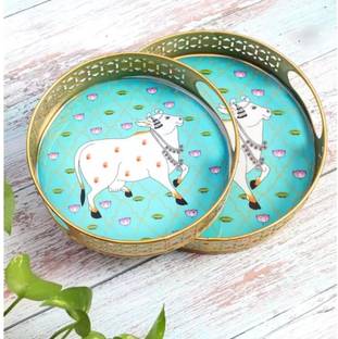 EVERYTHING EXPORTS Cow Pichwai Tray | Best for Home Decor, and Multiuse|Glossy Raisen Work Trays Tray