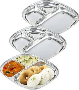Lyticx 3In1 Stainless Steel Plates with Compartments /Tiffin Plates / Idli Sambhar Plat Dinner Plate