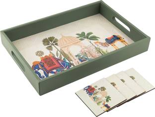 Birch & Co. 1 Wooden Serving Tray + 4 Coasters Set for Decoration | Tea Trays | Coffee Tray Tray