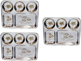 Kapalin BHOJAN THALI SET OF 3 PIECES 5 COMPARTMENTS EACH Sectioned Plate Dinner Plate