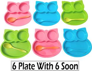Kitchwish OWL Shape Plates 6 with Spoon for Kids Virgin Plastic Food Grade Material Dinner Sectioned Plate