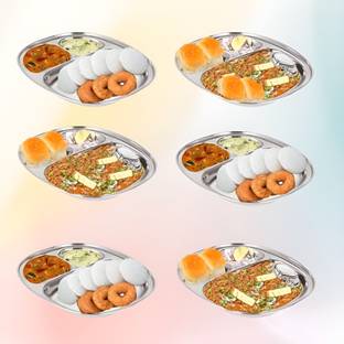 Stylo Stainless Steel Plates Set of 6 Ideal For Idli Sambhar and Pav Bhaji Chip & Dip Tray
