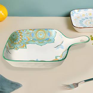 Lemon Tree Ceramic Square Platter with Handle | Matt Finish | Designer Coloured Print Sizzler Tray
