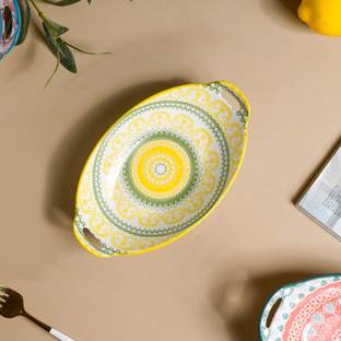 Nestasia Yellow and Green Mandala Ceramic Long Dish with Handles for Snacks Tray