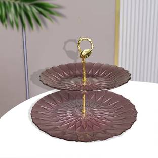 Lemon Tree 2-Tier Coloured Glass Platter & Golden Pearl, Serving, Gifting, Table Decoration Tray