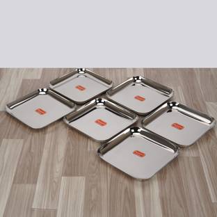 Sumeet Stainless Steel Big Square Shape Dinner Plate / Lunch - Meal Plate Set-6pcs,25cm Dinner Plate