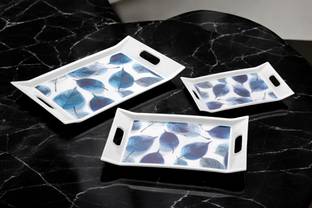 TRENDINGKITCHEN Serving Tray Set with Rectangular Shape(White,Flower printed) Tray