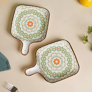 Nestasia White and Green Set of 2 Mandala Patterned Square Ceramic Snack Plate Baking Dish