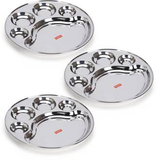 Sumeet Stainless Steel Round 5 in 1 Compartment Lunch / Dinner Plate, 31cm Dia Sectioned Plate