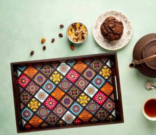 Angira handicrafts Wooden tray set of 1 with UV print|Serving Tray|Multipurpose Tray|AHS-T1831 Tray