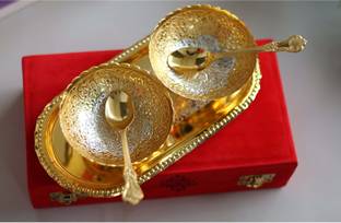 IndianArtVilla Pure Brass Silver Plating&Gold Polished 2 Bowl,2 Spoon&1Tray Set Red Velvet Box Tray