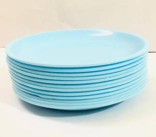 Everbuy Dishwasher Safe High Glaze BPA Free Microwave Safe and Unbreakable Round Plastic Half Plates (Set of 9) 7.5 Inches , Aqua blue For Home and Restaurant Buffet Parties Picnic Half Plate