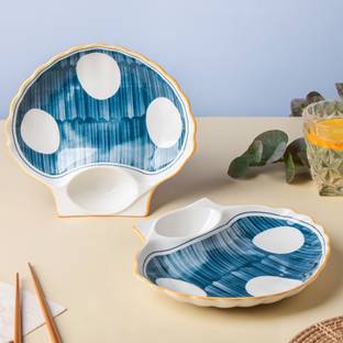 Nestasia White and Blue Set of 2 Nitori Ceramic Shell-Shaped Dots Plate with Section Chip & Dip Tray