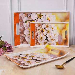 U.P.C. White Flower print Melamine Dinner & Breakfast Serving Tray, Set of 3 Villori Series Tray