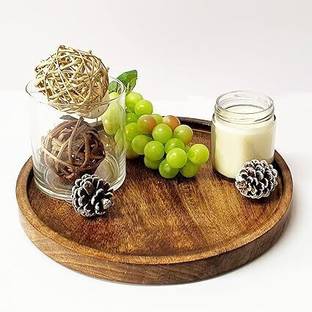 AM CRAFTS Round Wood Tray for Coffee Table, Wooden Serving Tray, Decorative Tray
