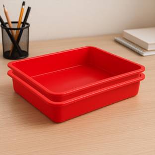 KUBER INDUSTRIES Multiuses Rectangular Plastic Large Tray, Bin, Organizer Pack of 2 (Red) Tray