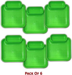 SGI 2 in 1 Compartments Plastic Snacks Plate | Square Shape Snacks Serving Plates For Breakfast(Size 7.5 Inch / 20 cm)-Set of 6 Green Sectioned Plate Sectioned Plate