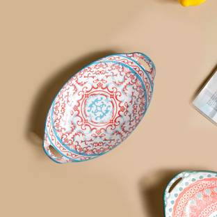 Nestasia Red and Blue Mandala Ceramic Long Dish with Handles for Serving Snacks Tray
