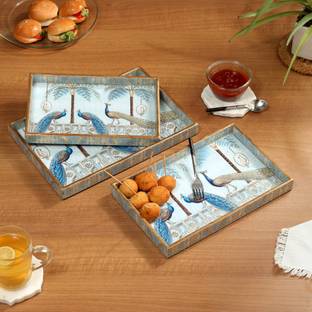 DULI Set of 3 Rectangle Peacock Design Wooden Serving Tray for Diwali & Festive Gifts Tray