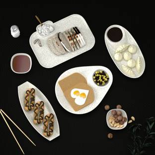Castleite Islewight Melamin Plates Set with Bowls for Serving Snacks, Marble White, Chip & Dip Tray