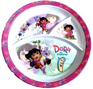 shree murti Melamine Kids Plate Round 3 Section 10'' with Partition (Dora) Sectioned Plate