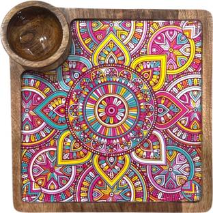 DecorHouse Mangowood Serving Dish Sqaure Platter with 1 Bowl Set Multipurpose Platter Sizzler Tray
