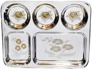 MUKTIDAYA ENTERPRISES Stainless steel heavy duty laser print bhojan thali 5x1 Pack of -1 Sectioned Plate