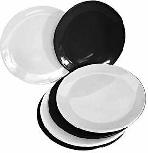 SAHU TRADERS Pack of 6 Plastic 3 white and 3 black Plastic Round Plate 11 inch Dinner Plate