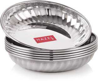 HAZEL Stainless Steel Serving Sweet Dish Dessert Plate, Set of 6, 310 ML Each, Silver Quarter Plate