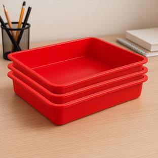 KUBER INDUSTRIES Multiuses Rectangular Plastic Large Tray, Bin, Organizer Pack of 3 (Red) Tray