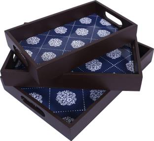 KUBER INDUSTRIES Wooden Damask Blue Design Farmhouse Platter|Rectangular Shape ,Set of 3 (Brown) Tray