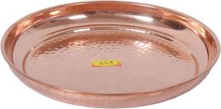 Shivshakti Arts Handmade Pure Copper Plate Small Sized Hammered Deisgned Thali Dish Serveware Diameter-27 cm ::Set of 1 Dinner Plate