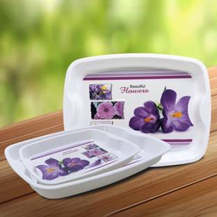 Heart Home Plastic Nested Serving Tray Set for Serving Snacks|Tea|Set of 3|White Tray