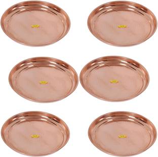 Shivshakti Arts Handmade Pure Copper Plate Large Sized Hammered Deisgned Thali Dish Serveware Diameter-32 cm ::Set of 6 Dinner Plate