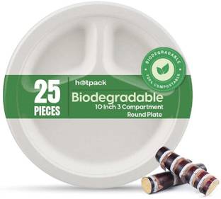 Hotpack 25 Pieces Biodegradable 3 Compartment 10 Inch Round Plate - Natural Disposable Dinner Plate