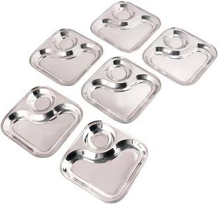 Desidine Stainless Steel 2 in 1 Compartment Snacks Plate/Square Shape Snacks Plate Dinner Plate