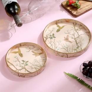 DULI Set of 2 Round Pink Gold Birds Decorative Serving Tray for Festive Gifts Tray