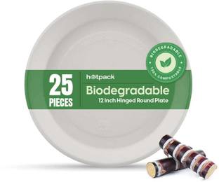 Hotpack 25 Pieces Biodegradable 12 Inch Hinged Round Plate - Natural Disposable Dinner Plate