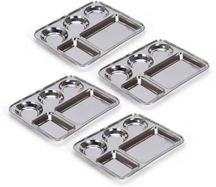 LolyKitch Stainless Steel Rectangular 5 in 1 Compartment/Dinner Plate Set of 4 Pcs Dinner Plate