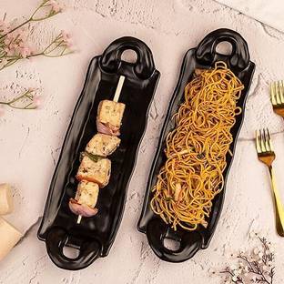 Castleite Jack Melamin Plates with Sauce Dip for Serving Snacks, Matt Black, Sizzler Tray
