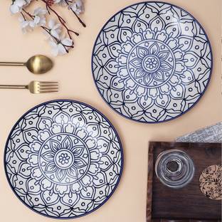 VarEesha Mehraab Blue Off-white Hand Painted Ceramic Dinner Plates Set of Two Dinner Plate