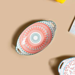 Nestasia Pink and Blue Mandala Ceramic Long Dish with Handles for Serving Snacks Tray