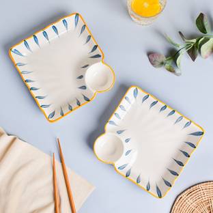 Nestasia Teardrop White and Blue Nitori Ceramic Set of 2 Square Plates with Section, Chip & Dip Tray