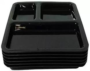 Everbuy Plastic Black Plates with 3 Compartments/ Pav Bhaji Plates/ Partition Plates Sectioned Plate