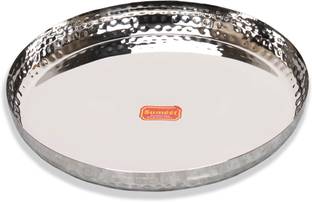 Sumeet S.S Handcrafted Hammered Texture Heavy Gauge Mirror Finish Dinner Plate, 29.5cm Dinner Plate