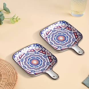 Nestasia White and Blue Set of 2 Mandala Patterned Square Ceramic Snack Plate Baking Dish