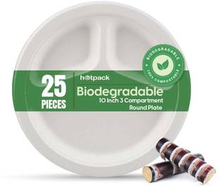 Hotpack 25 Pieces Biodegradable 3 Compartment 10 Inch Round Plate - Natural Disposable Dinner Plate