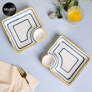 Nestasia White and Blue Striped Nitori Ceramic Set of 2 Square Plates with Section Chip & Dip Tray