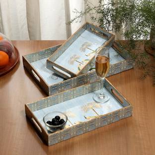 DULI Set of 3 Rectangle Peacock Design Wooden Serving Tray for Diwali & Festive Gifts Tray