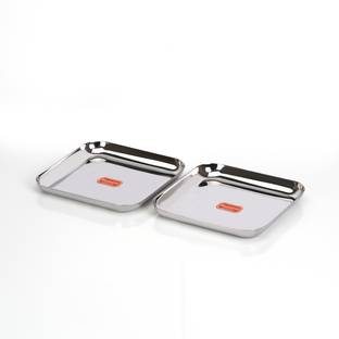 Sumeet Stainless Steel Medium Square Shape Snacks Plate/Breakfast Plate Set-2pcs,20cm Half Plate